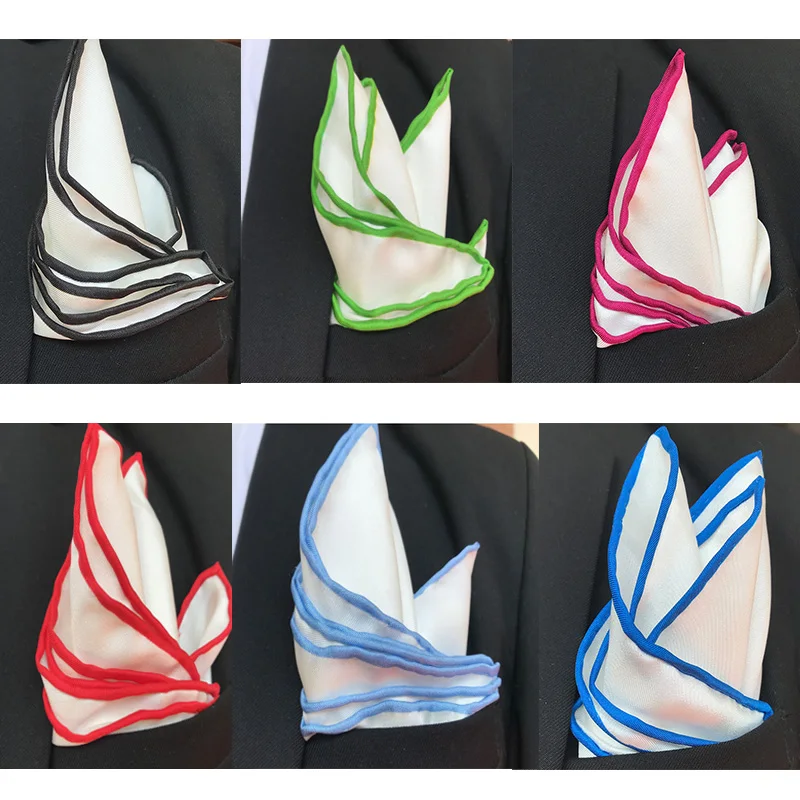 Mouchoirs blancs en mûrier naturel pour hommes, ourlet roulé à la main, carrés de poche, noir, rouge, vert, baguage de chant coloré, inj 34cm