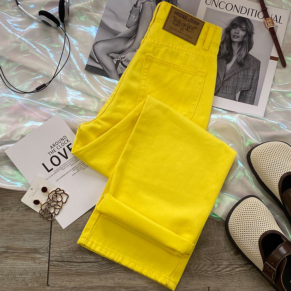 Jean jaune citron pour femme, pantalon droit, ample, taille haute, complet, tendance, jambes larges, nouvelle collection automne 2025