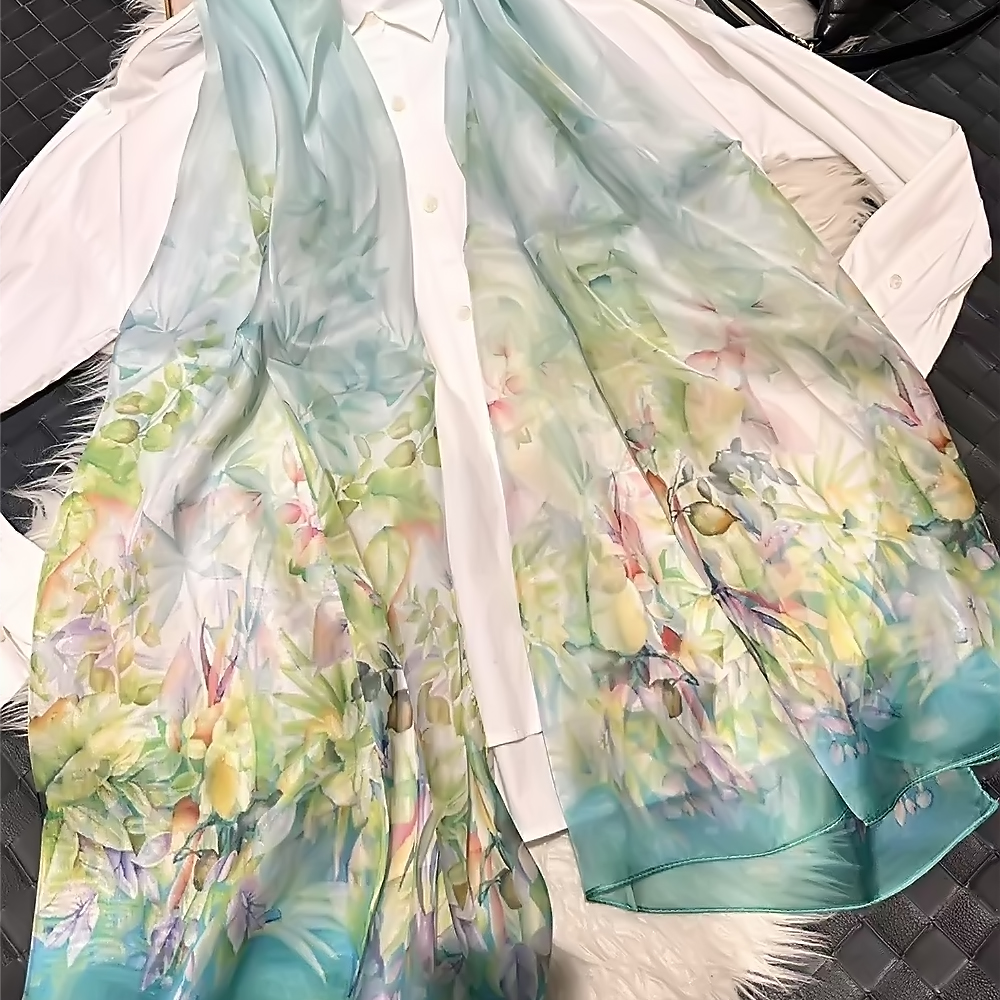 Écharpe longue en mousseline de soie pour femme, foulards à la mode, nouveau design floral, enveloppes d'été, écharpe de plage, rond 100% x 180 cm, bleu, vert, 110