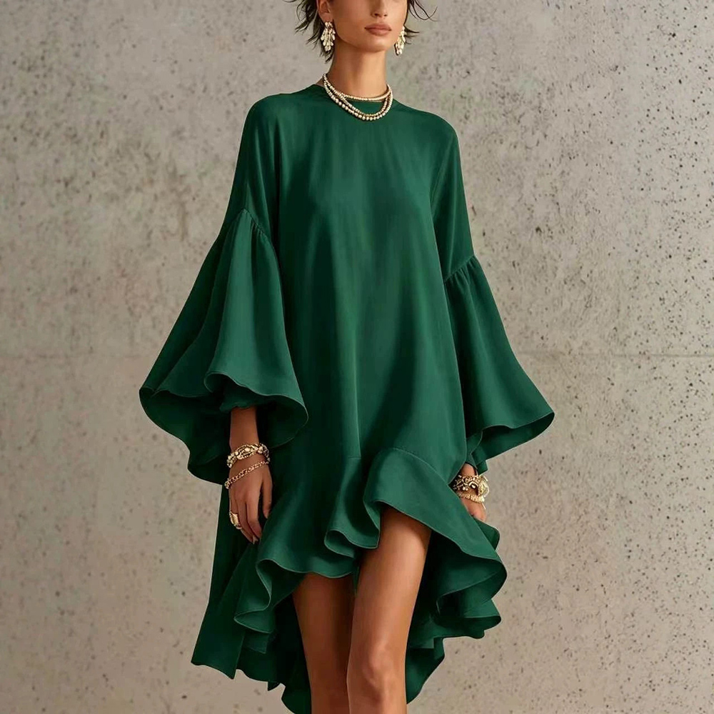 Robe mini élégante en mousseline pour femme, unie, col rond, manches longues évasées, coupe ample, ourlet asymétrique à volants, style chic urbain pour l'été