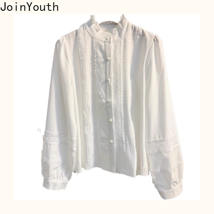 Chemisier à manches longues pour femmes, col montant, volants, blanc, mode Y, manches lanterne, chemises douces, vêtements pour femmes, 2025