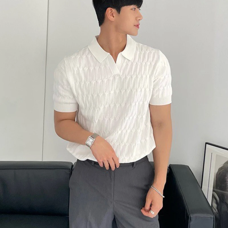 Polo jacquard à rayures pour hommes, T-shirt décontracté à col en V et à manches courtes, vêtement de luxe léger et respirant