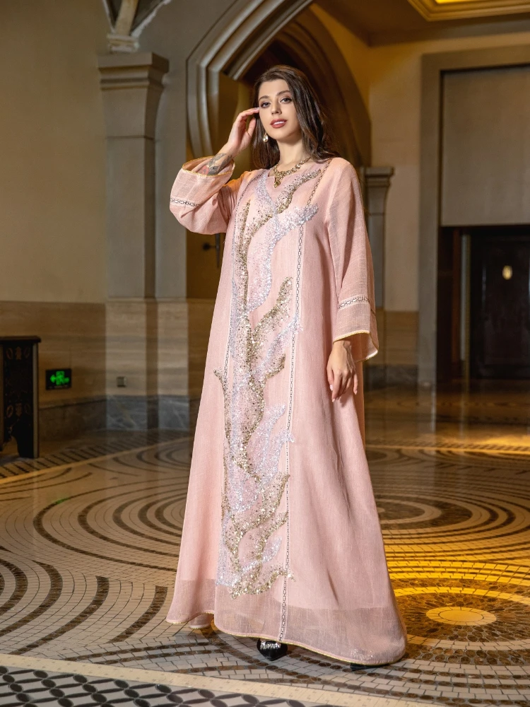 Abaya Jalabiya pour femmes musulmanes, robe de soirée longue, robe arabe éducative, paillettes marocaines, Kaftan Islam, Eid Party