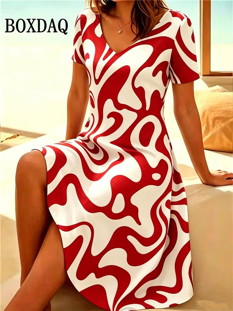 Nouvelle Robe Décontractée Femme 2026 à Manches Courtes et Col en V, Motif Peinture Abstraite, Robe d'Été Tendance Grande Taille Coupe Évasée 6XL