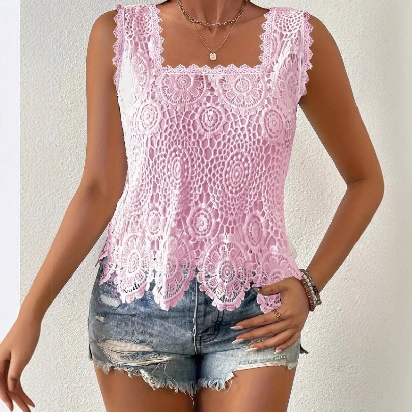 Débardeur Femme Col Carré Sans Manches Dentelle Épissée Y2K Streetwear Élégant Décontracté Travail Coupe Slim Évidé Camisole 2026