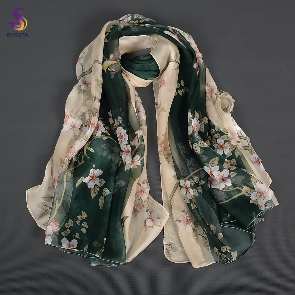 BYSIFA – foulard Long en mousseline de soie pour femme, vert, Beige, 100%, motif Floral, châle de plage