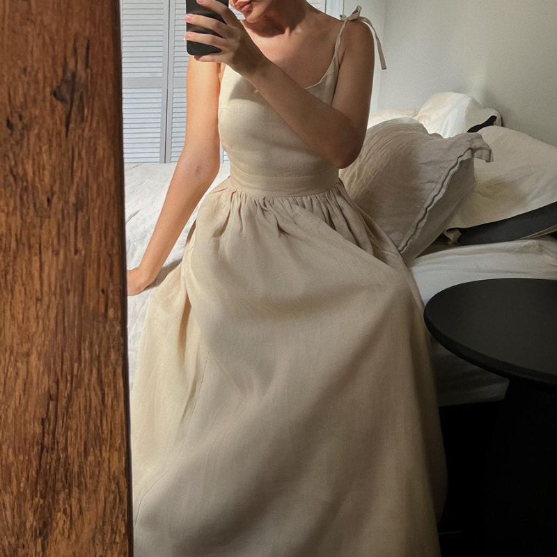 Robe Femme Style Plage Vintage Ample Coupe A-line à Bretelles 2026 Printemps-Été Sexy Hot Girl 100% Coton Col en V