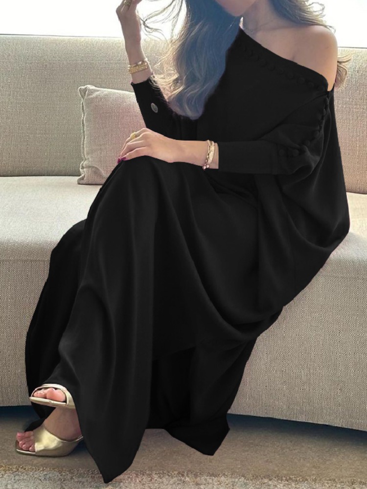 Robe Abaya Musulmane Femme 2026 – 5 Couleurs, Coupe Ample H-Line, Épaule Unique, Manches Chauve-Souris, Fente, Robe Longue Maxi Islamique Modeste
