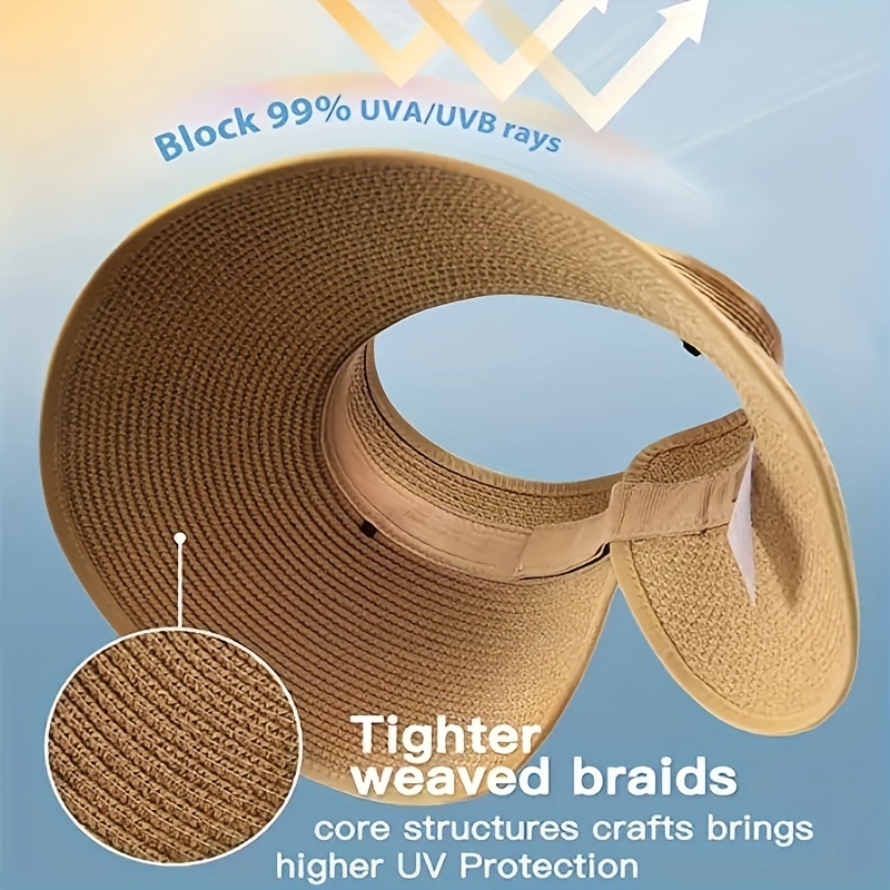 Chapeau Visière d'Été pour Femme - Élégant et Résistant aux UV pour la Randonnée en Plein Air, Casquette de Soleil Pliable à Large Bord, Chapeau de Plage en Paille