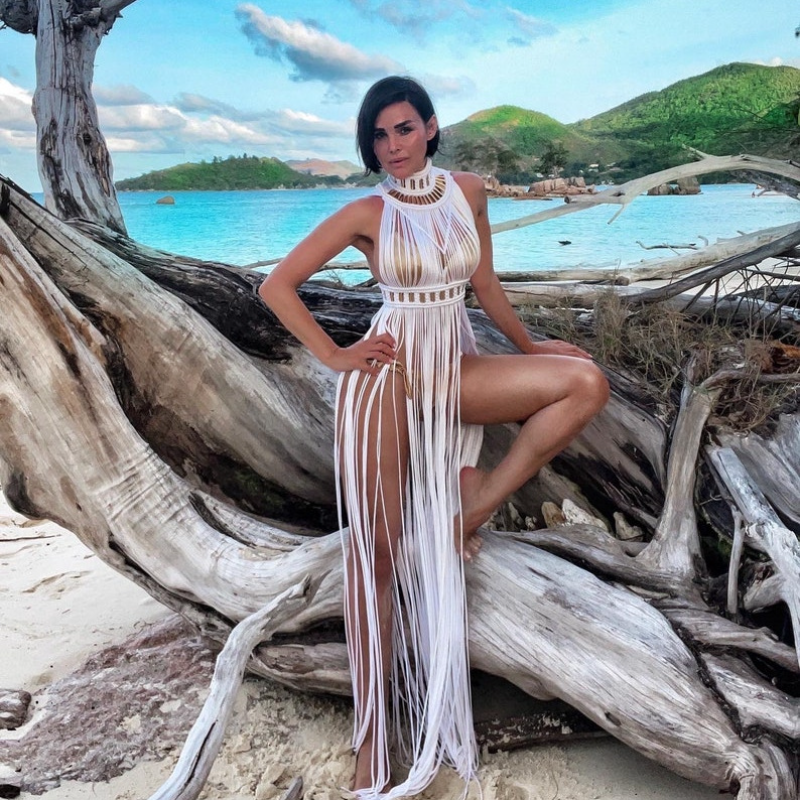 Robe longue bohème au crochet pour femmes, couvertures de plage vintage, col licou à pampilles, robe maxi dos nu, robe éducative, couleurs personnalisées