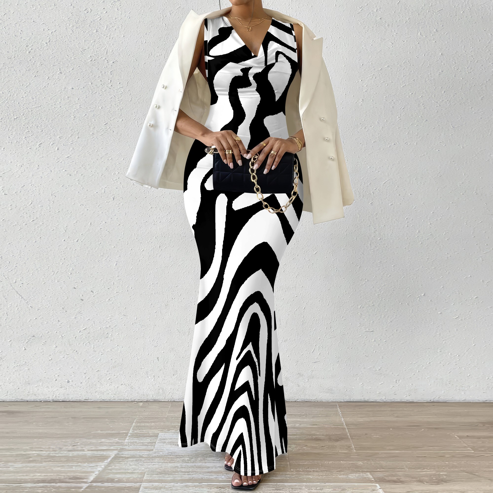Robe Maxi à épaules dénudées pour femmes, tenue décontractée et Sexy, colorée, géométrique, tenue de soirée artistique, col pivotant