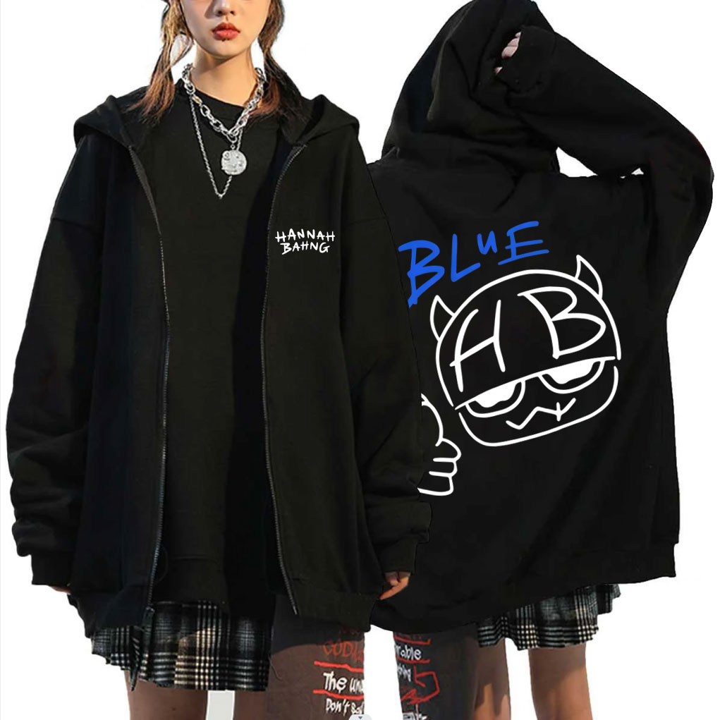Sweat-shirt à capuche avec fermeture éclair bleu Hannah Bahng pour hommes et femmes, veste décontractée en molleton de coton, unisexe, à la mode, surdimensionné
