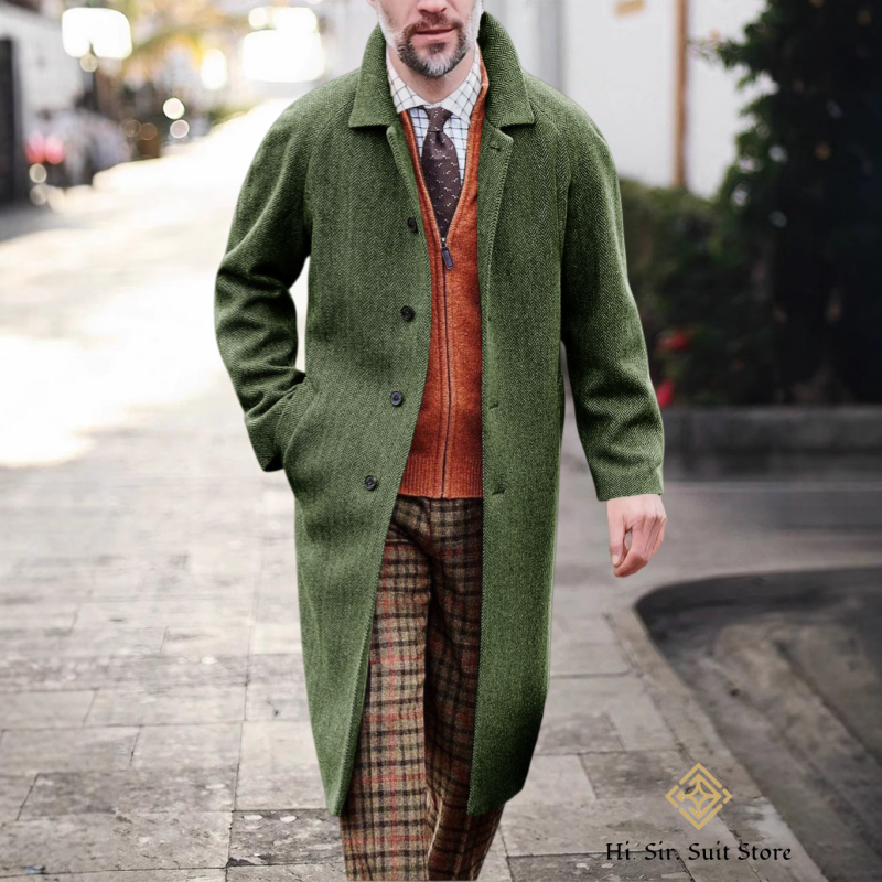 Rétro hommes Long Trench manteau chevrons vestes Tweed coupe ajustée bal Peacoat laine mélange Blazer manteaux décontracté hommes veste d'hiver