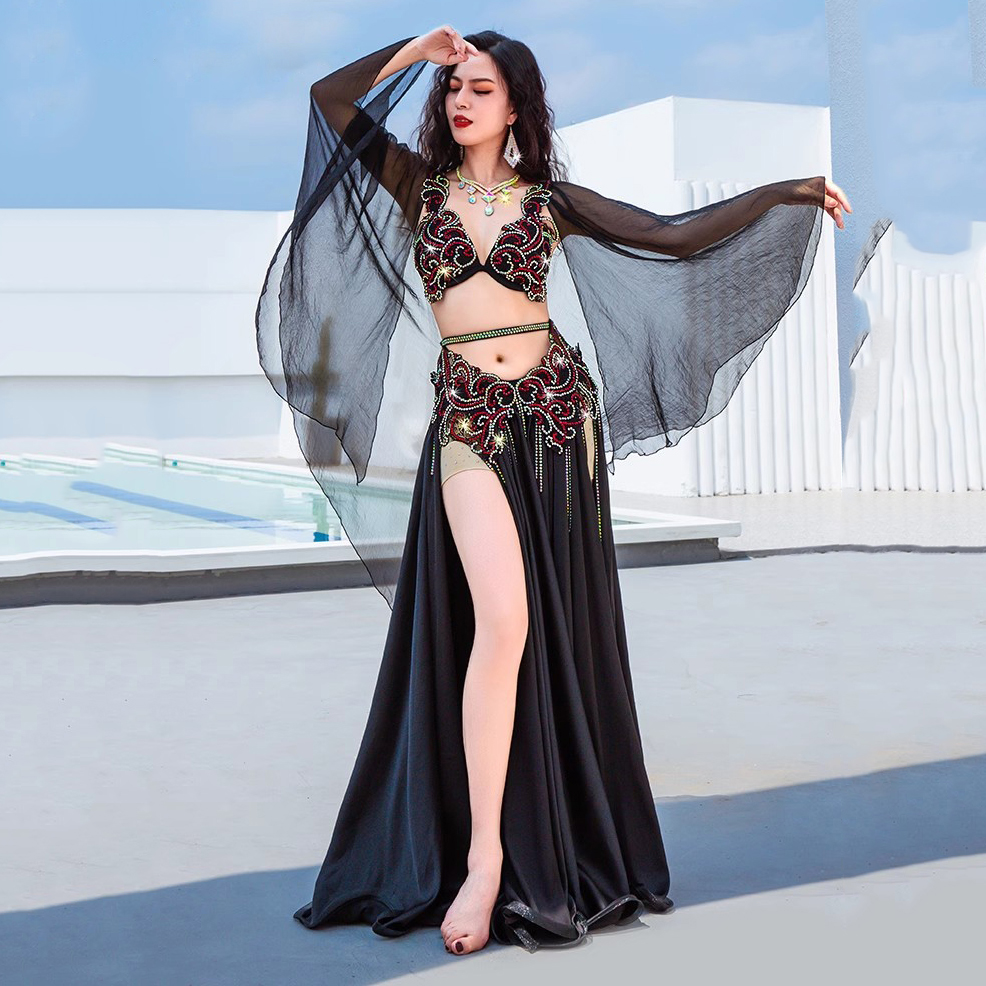 Ensemble de costumes de danse du ventre pour femmes Popsong, tenue de danse orientale égyptienne, tenue de compétition de groupe, manches papillon, jupes longues maxi
