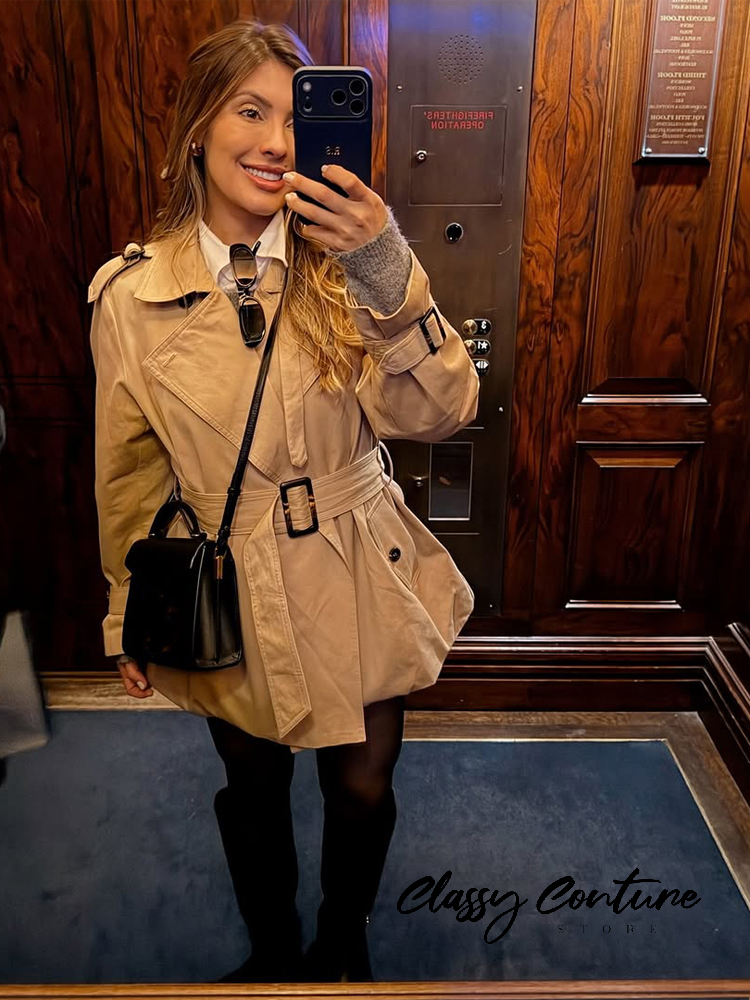 Manteau trench court kaki pour femme, avec épaulettes, double revers, ceinture à la taille, poignets amples, poches à boucle, veste décontractée