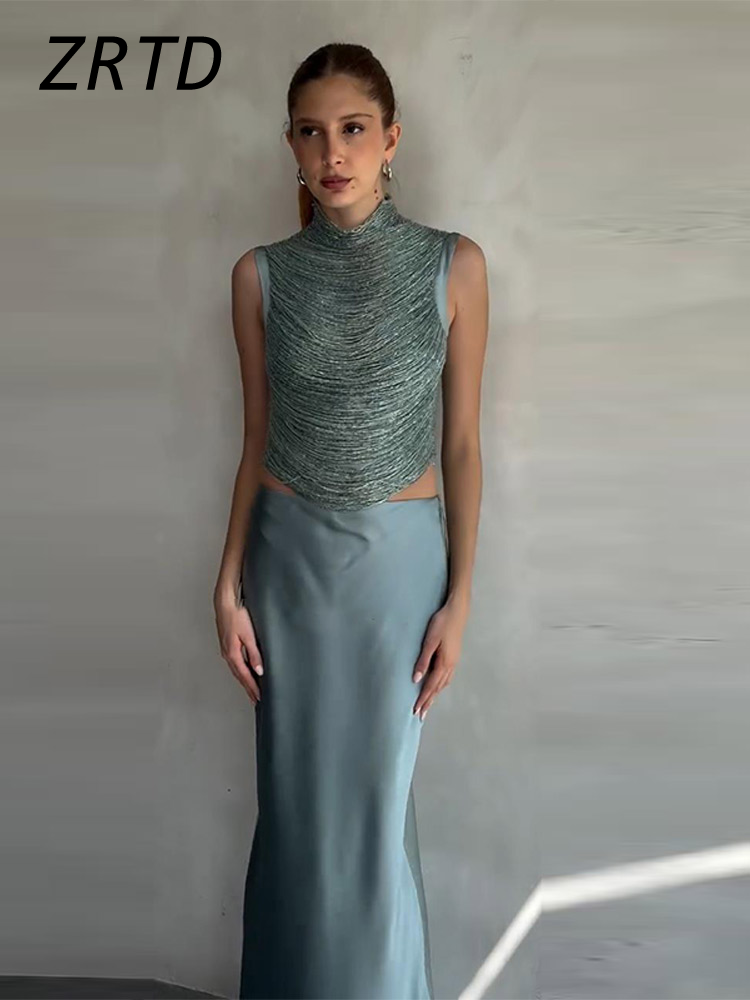 Hauts élégants à franges, jupes longues en satin, gilets sans manches à col montant pour femmes, jupes longues droites, ensembles de soirée pour femme Printemps 2026