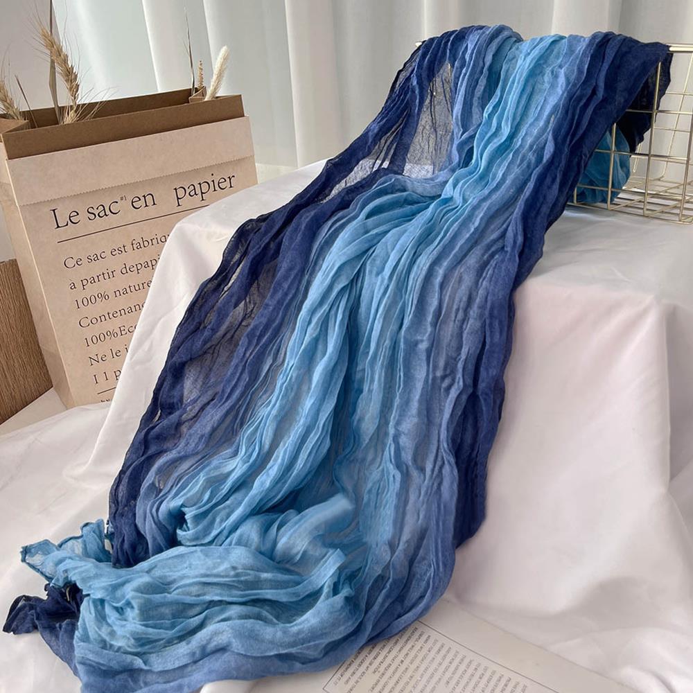 Écharpe en Coton et Chanvre pour Femme, Dégradé Bleu, Rétro Polyvalent, Imprimé, Long, Châle Doux, Nouvelle Tendance à la Mode, Automne et Hiver