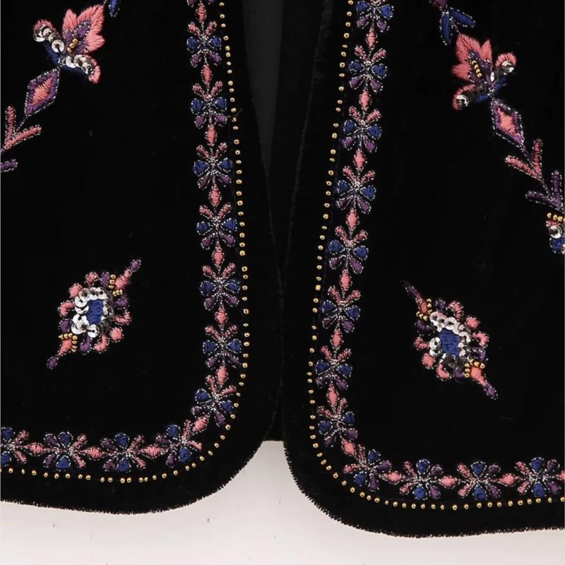 Gilet ouvert en velours pour femme, broderie de fleurs, perles ethniques, paillettes, veste en velours, vacances, 2023