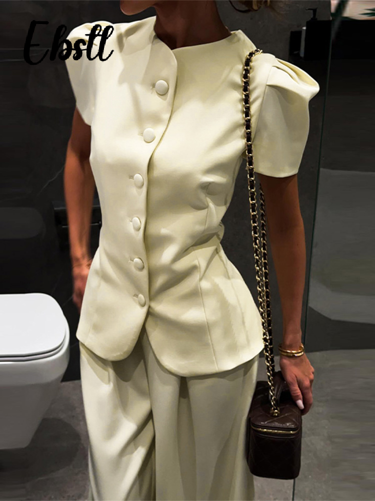 Ensemble élégant haut à manches courtes et pantalon pour femme, couleur unie, col rond, hauts cintrés à boutonnage simple, pantalon ample coupe lanterne, tenues 2026