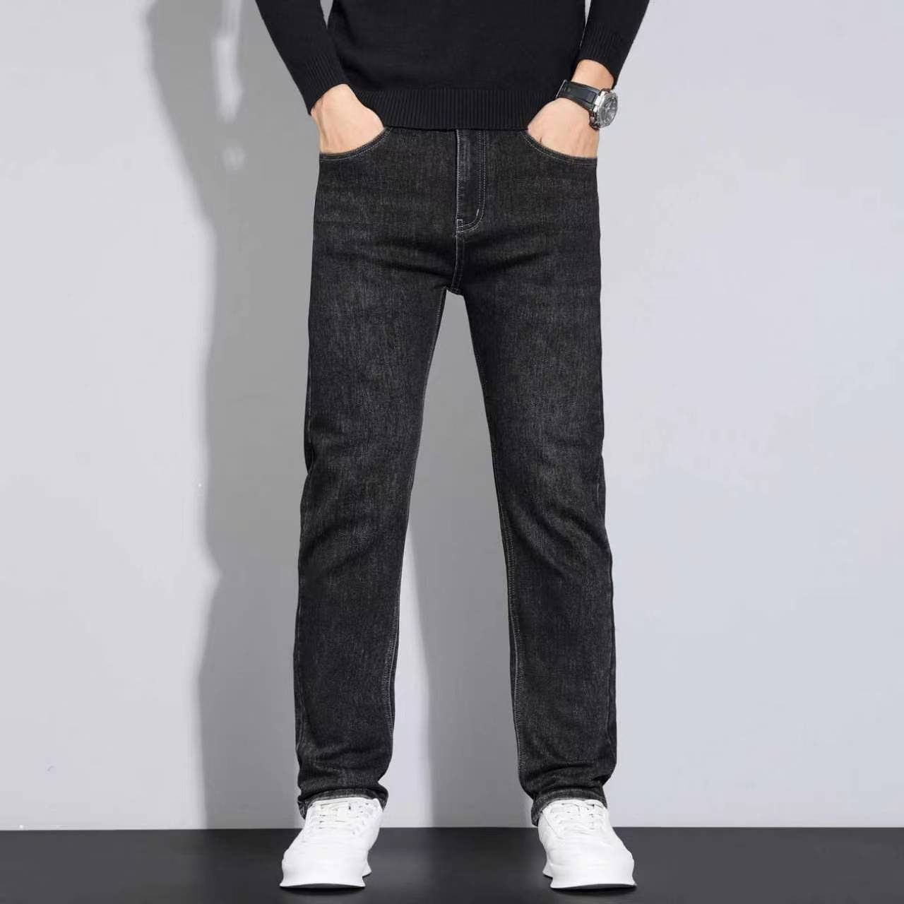Pantalon en jean droit souple pour homme, collection automne 2024, style classique, noir, type biker, salopette masculine