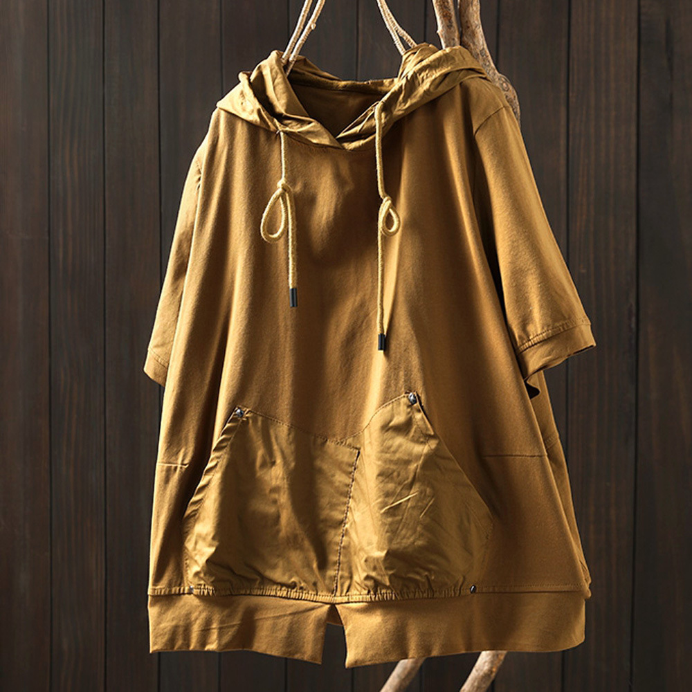 Chemisier à Capuche et Manches Courtes pour Femme, Pull en Coton Solide, Grande Taille, Été
