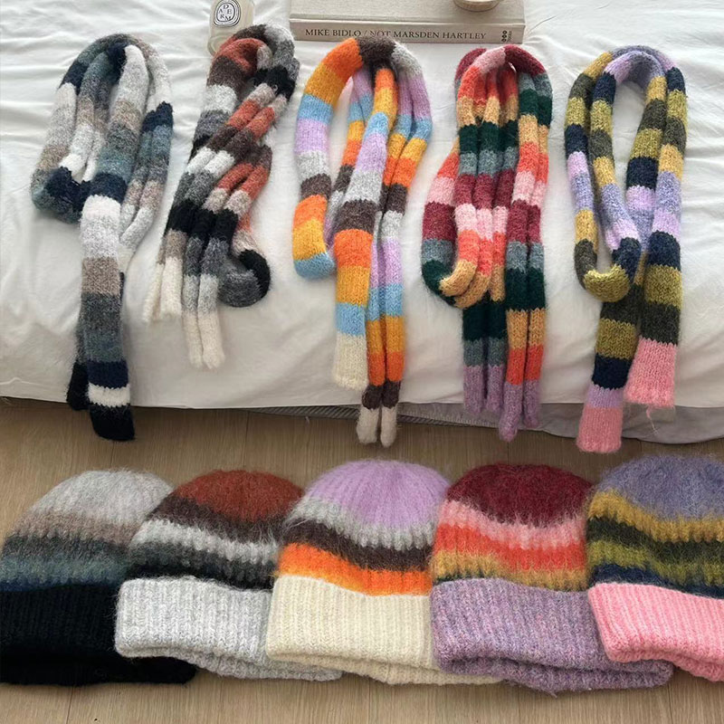 Ensemble de bonnets et écharpe arc-en-ciel rayés pour femmes et hommes, chapeaux Skullis chauds, casquettes Carf résistantes au froid, unisexe, extérieur, hiver, 2 pièces