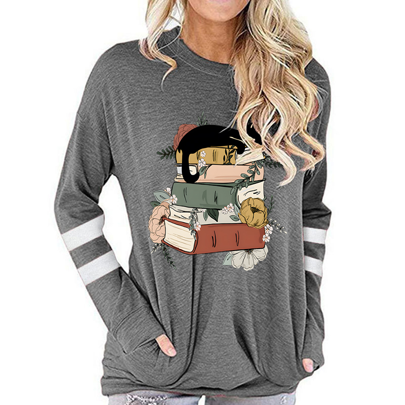 T-shirt à manches longues en coton pour femmes, Vintage chat avec livres imprimés, col rond, hauts drôles de fleurs, livres d'animaux, amoureux