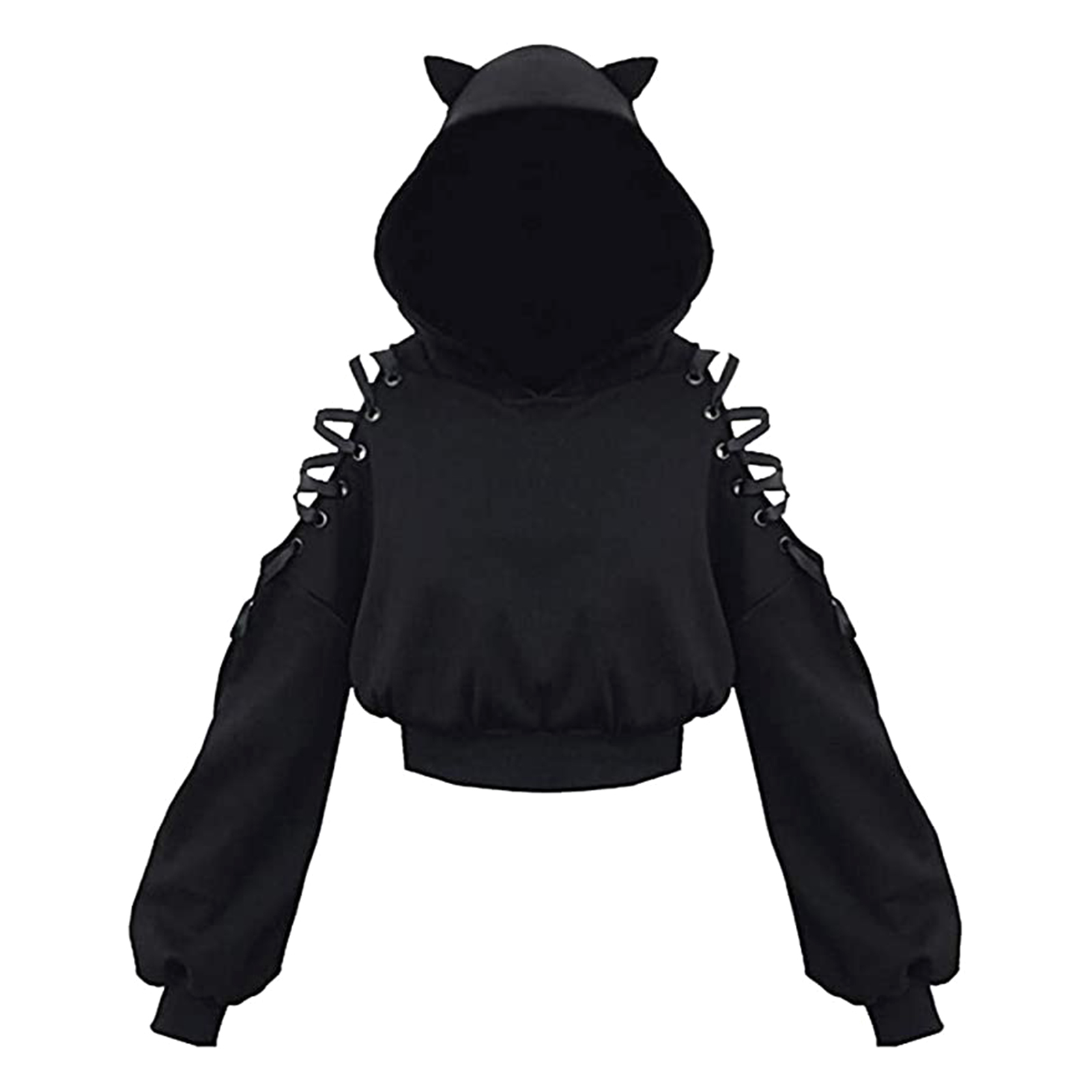 Sweat à capuche à manches longues pour femmes, Kawaii, oreilles de chat, gothique, Punk, Harajuku, épaule froide, Bandage, gothique, noir, 2021