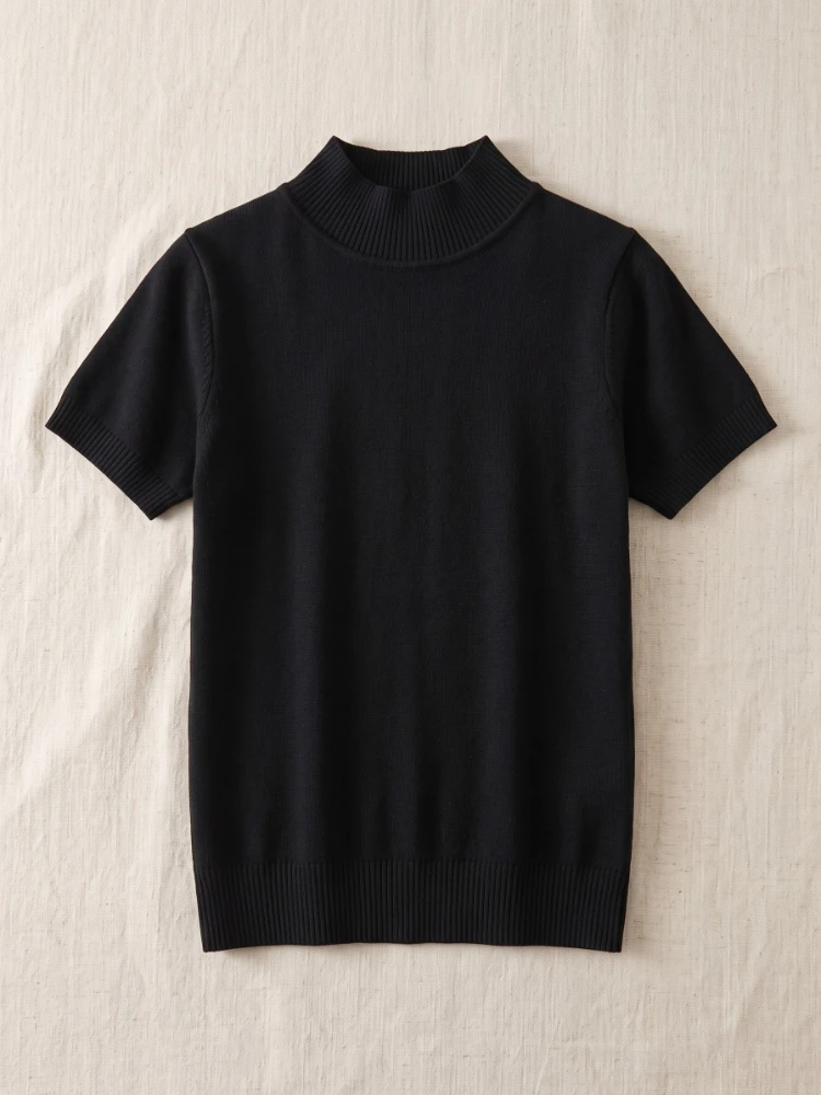 T-shirts élégants coréens à col roulé pour femme, collection été-automne 2026 – Pulls décontractés et polyvalents de couleur unie, tendance