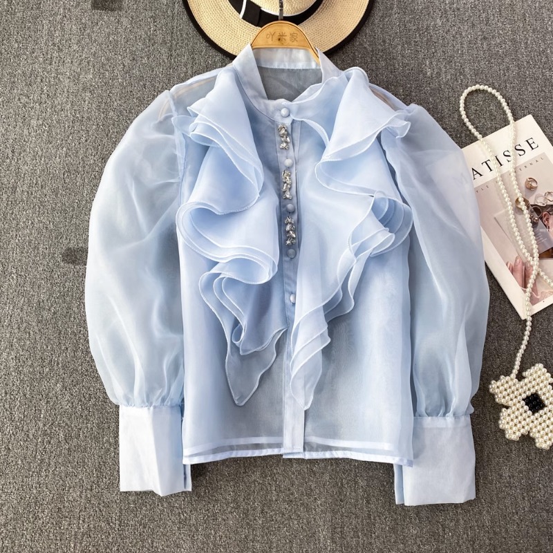 Chemisier à volants en organza pour femmes, chic, maille perlée, transparent, élégant, mode coréenne, livraison directe