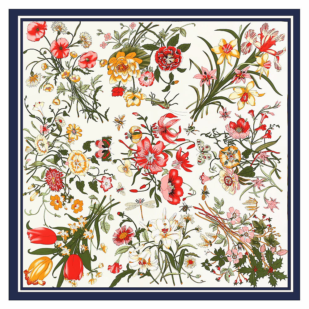 130*130 cm femmes luxe imprimé fleuri sergé foulards en soie dame Echarpes Bandana foulards carrés enveloppes Femme Foulard Pashmina