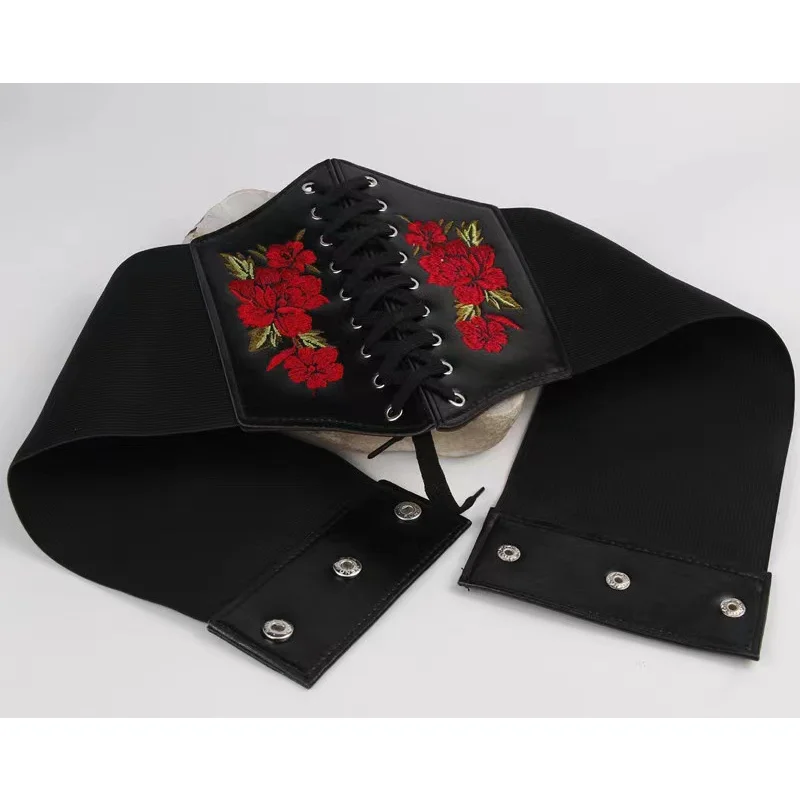 Ceinture Corset gothique pour femmes, mode PU, broderie de fleurs, ceinture amincissante, Vintage, noire, large, pour filles