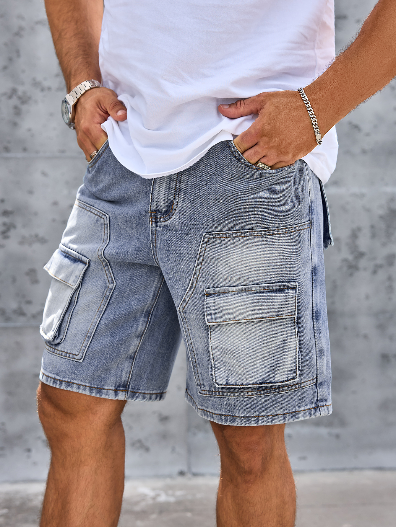 Shorts en jean pour homme, coupe slim, extensible, vintage, bleu, style workwear