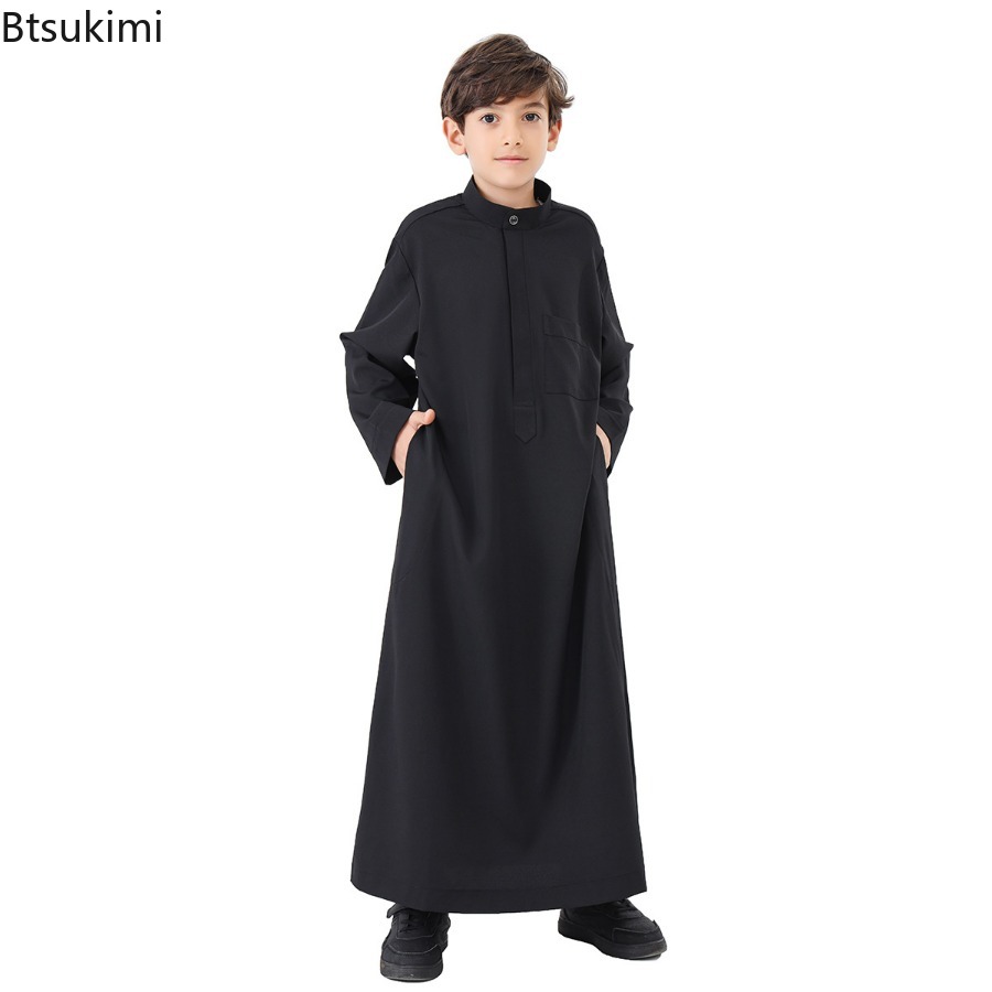 Robe caftan à manches longues pour enfants musulmans, vêtements pour garçons, mode, couleur unie, arabe, islamique, Thobe, Pakistan, marocain