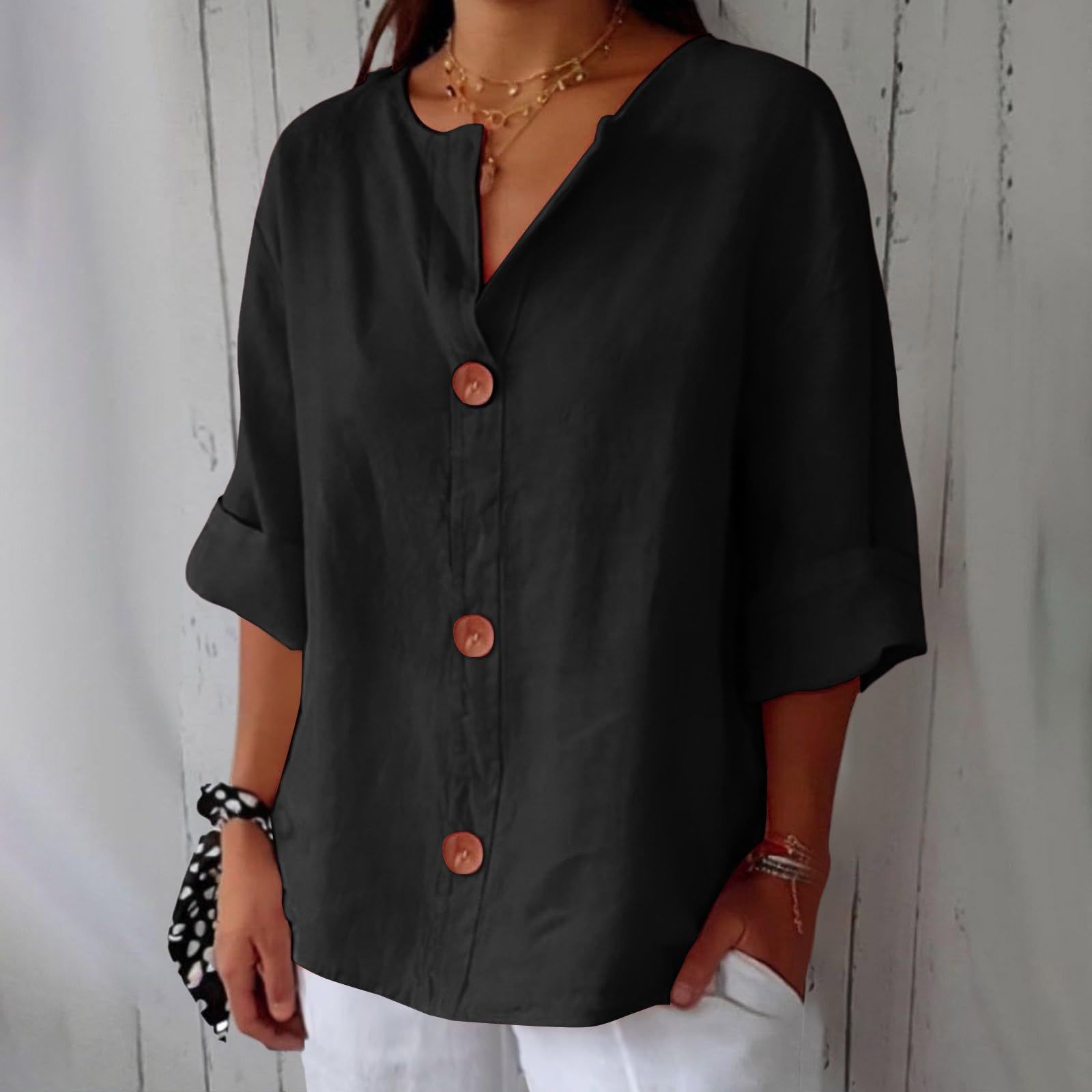 Chemisier décontracté pour femme 2026, nouvelle collection printemps-été, t-shirt ample en coton et lin à col en V, chemise boutonnée, vêtements pour femme