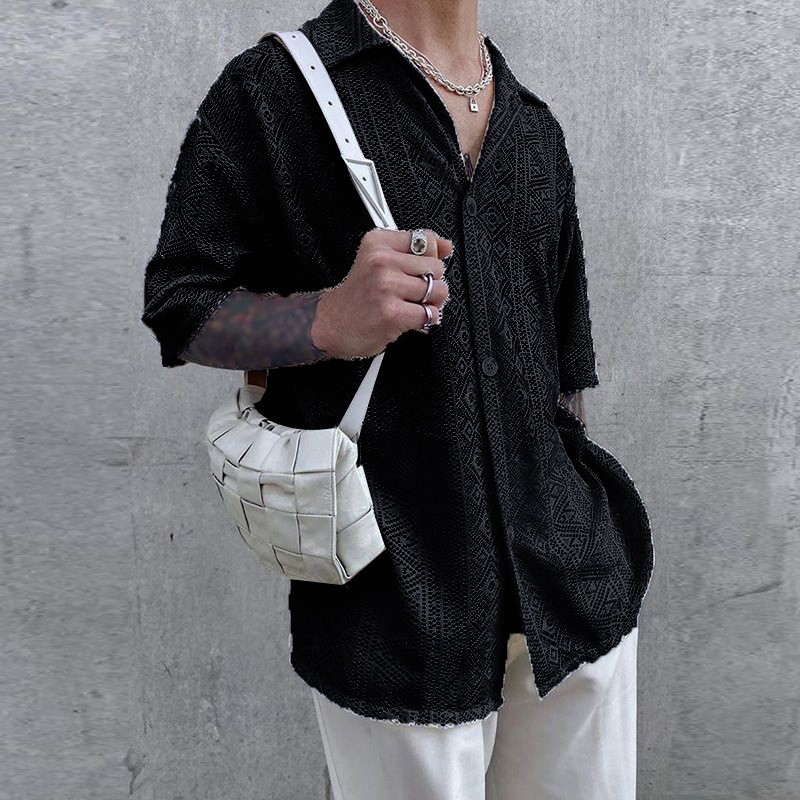 Vêtements d'été pour hommes maille voir à travers maille chemise Sexy à manches courtes résille boutonné rétro Chic Streetwear fête Blouse S-5XL