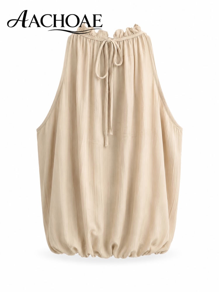 Chemisier plissé bohème perlé à col halter sans manches pour femme, coupe ample, élégant, idéal pour les vacances d'été