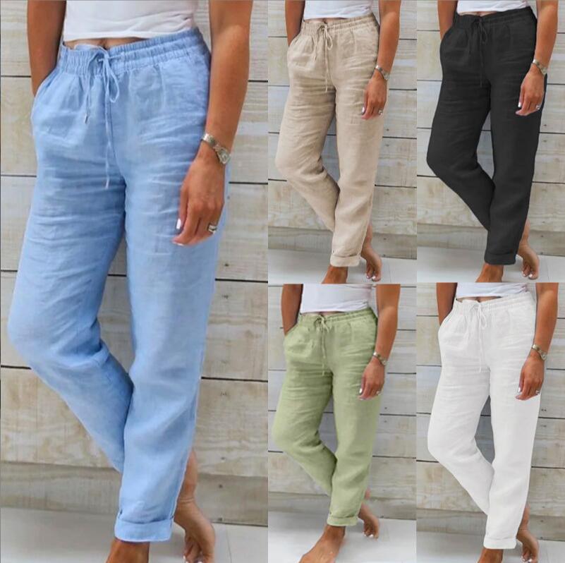Pantalon décontracté femme 2026, nouvelle collection Europe, taille haute, coupe ajustée, couleur unie, en coton et lin, vêtements pour femmes