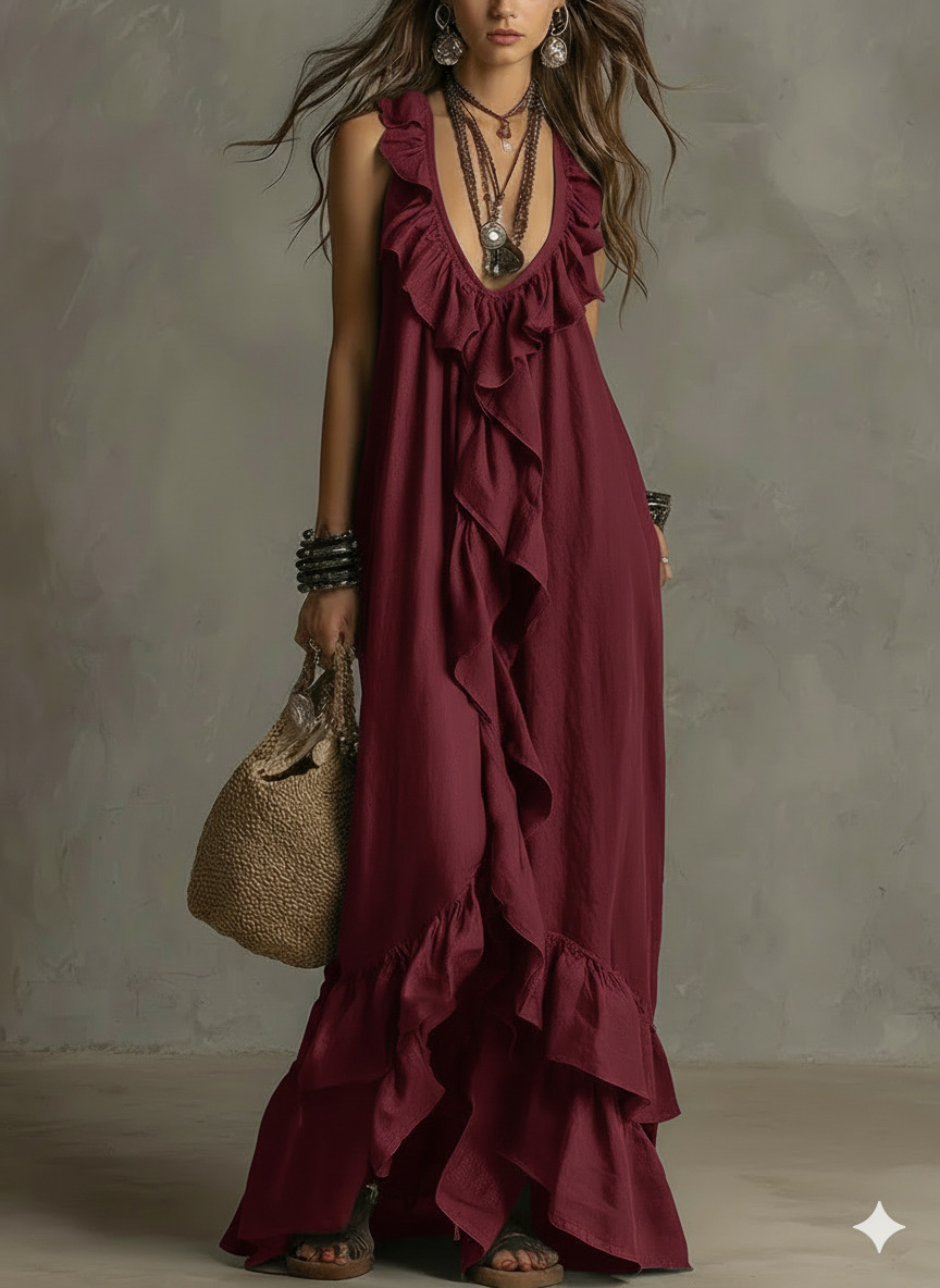 Robe longue décontractée ample, style bohème, couleur unie, élégante, à volants, taille souple, sans manches, col en V, pour le printemps et l'été