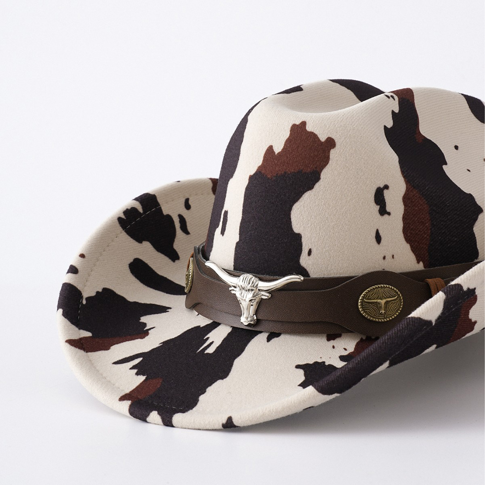 Casquettes occidentales imprimées de vache de Style ethnique avec ceinture, chapeau de Cowgirl à large bord tendance pour femmes et hommes, chapeau de soleil de Protection UV en plein air pour fête