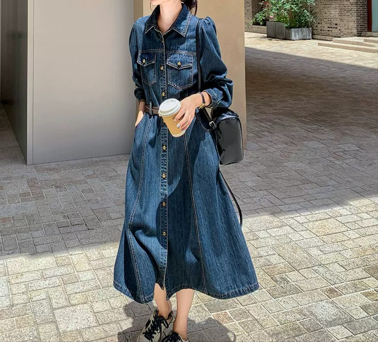 Robes en jean pour femmes, coupe trapèze, unies, longueur mi-mollet, manches longues, poches, simple boutonnage, style décontracté chic pour le bureau, Printemps 2026