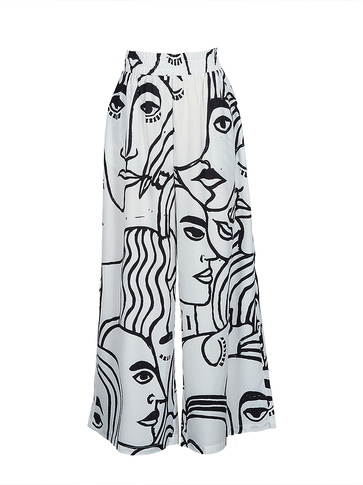 Pantalon large taille haute élastique pour femme grande taille, coupe ample, imprimé abstrait, décontracté, toutes saisons, streetwear féminin
