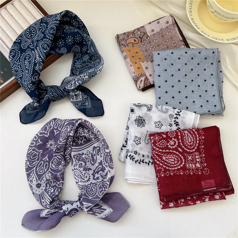 Petits foulards en lin et coton pour femmes, 58x58cm, légers, doux et respirants, foulard Boho imprimé à pois Paisley, Bandana pour cheveux