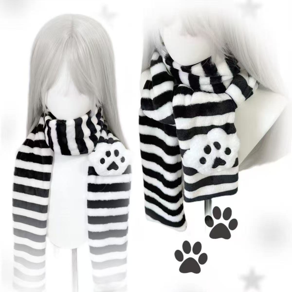 Écharpe Kawaii à motif patte de chat, rayée, style Y2K, pour l'automne et l'hiver, mignonne et chaude, accessoires de subculture