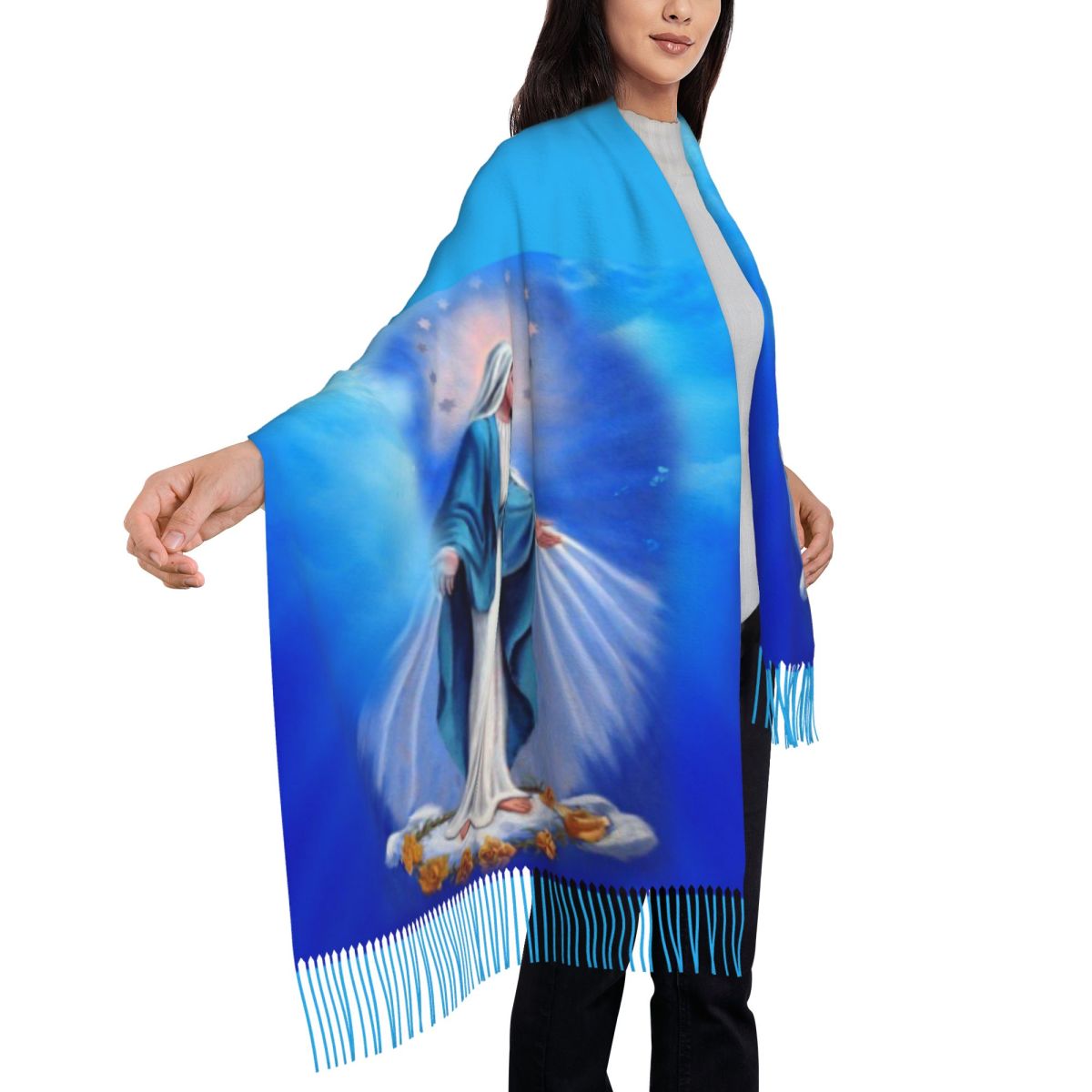 Écharpe à Pompon Vierge Marie Catholique Personnalisée pour Femme, Châle Doux de Notre Dame de Fatima, Foulards d'Hiver Ronds pour Dames