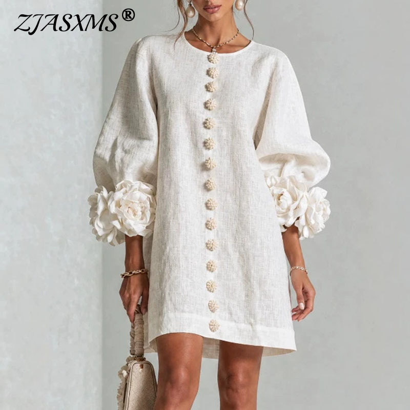 Robe vintage unie pour femmes, manches bouffantes, décoration florale 3D, boutons décoratifs, coupe ample et droite, robe courte pour les vacances, les fêtes et le quotidien.