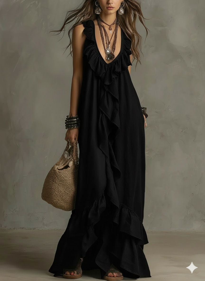 Robe longue décontractée pour femme style bohème européen, débardeur sans manches avec volants, col en V sexy, idéale pour les vacances à la plage
