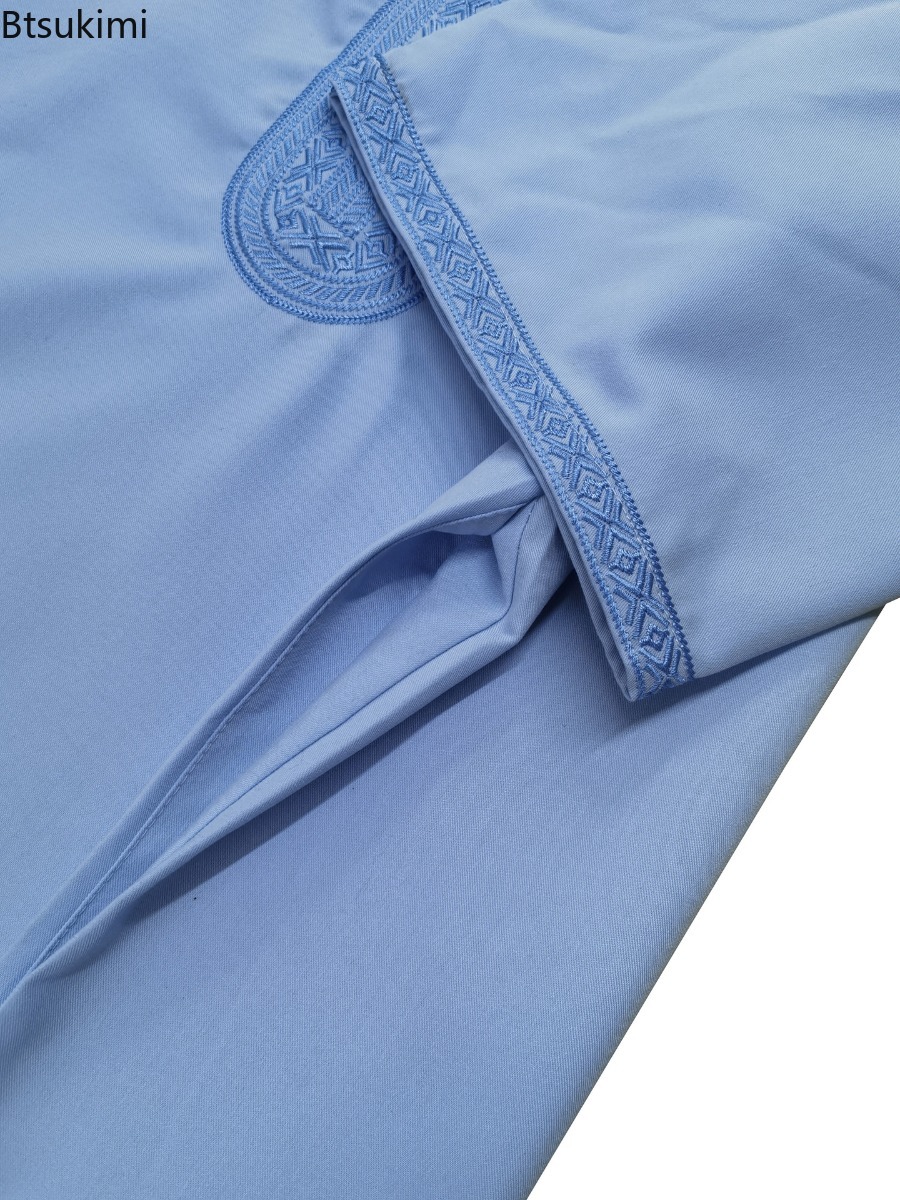 Robe marocaine brodée pour homme 2026, col en V, mode musulmane, abayas avec poches latérales, vêtements arabes islamiques, robe de fête de l'Aïd, robe du Ramadan