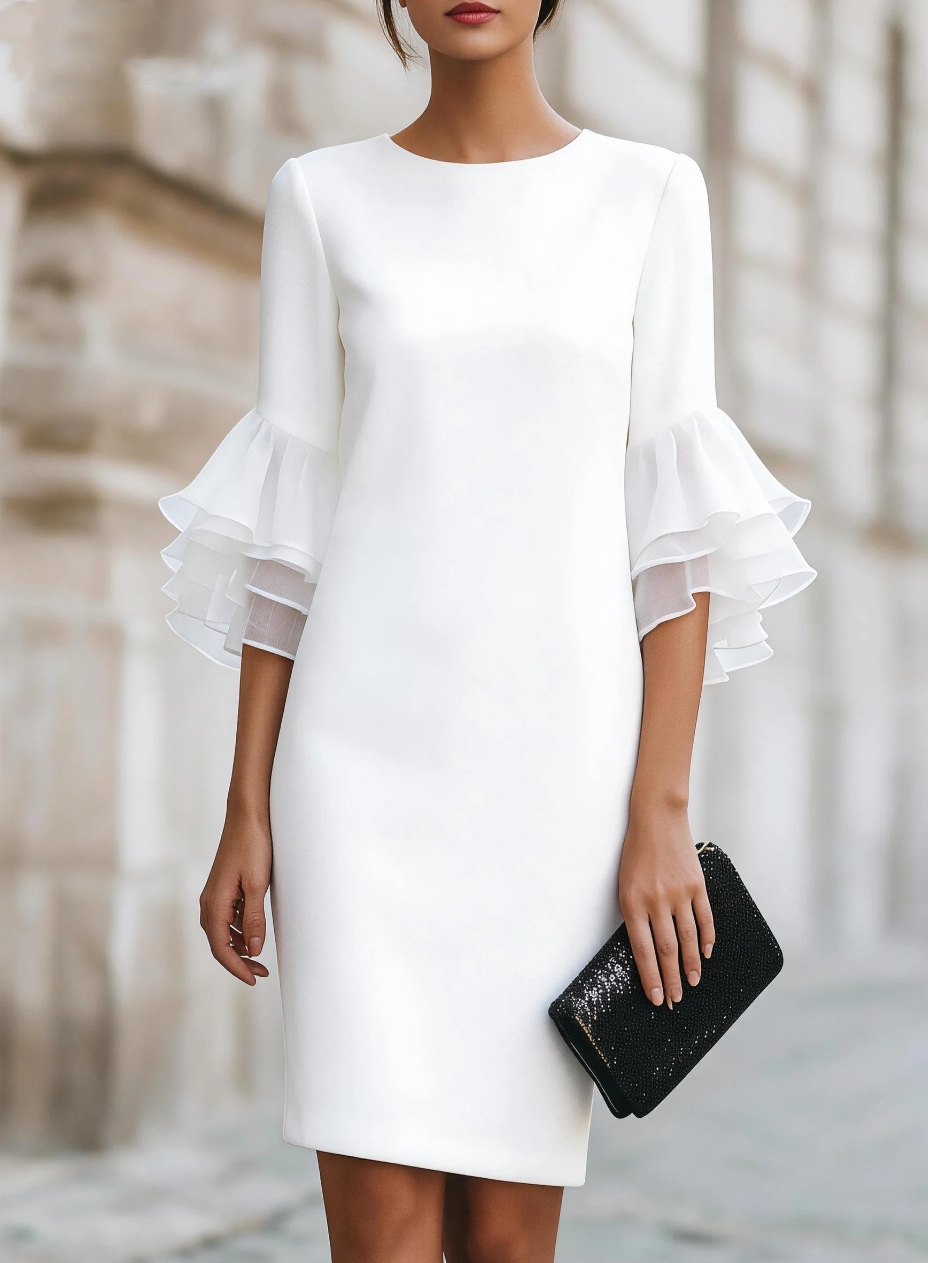 Robe de soirée décontractée et élégante, mode printemps-été, couleur unie, style simple pour le quotidien, col rond, manches mi-longues, longueur mi-longue