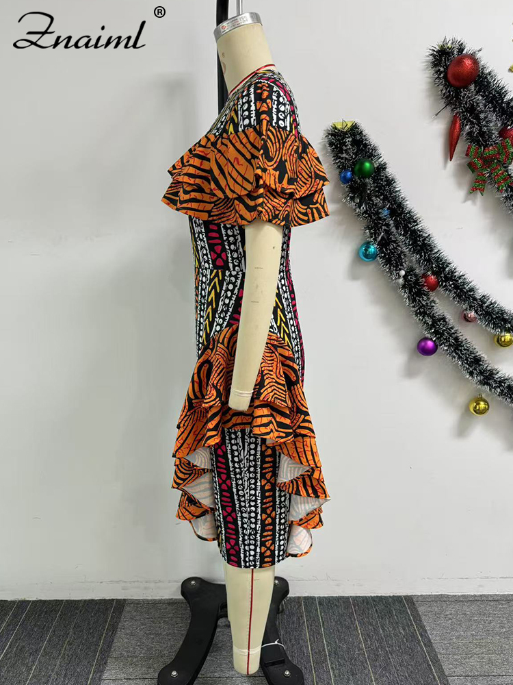 Znaiml Festival africain imprimer robes femmes élégantes été à manches courtes volants moulante Robe mi-longue mode vacances Robe de fête